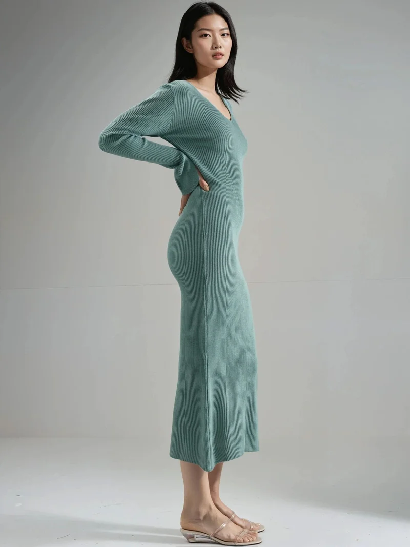 MY FASHION Mint Green MY FASHION V-Neck Textured Maxi Knit Dress with Slit for Women | Best Price UAE